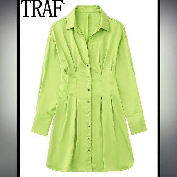 🍋🟩 NWT ZARA SATIN LIME CORSET EFFECT PLEATED SHIRT DRESS - Picture 4 of 10